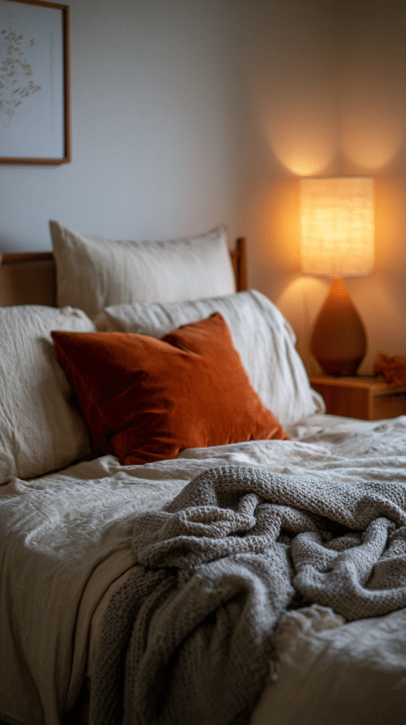 Bedroom with cream flannel sheets, rust velvet throw pillow, heavier duvet folded at end of bed