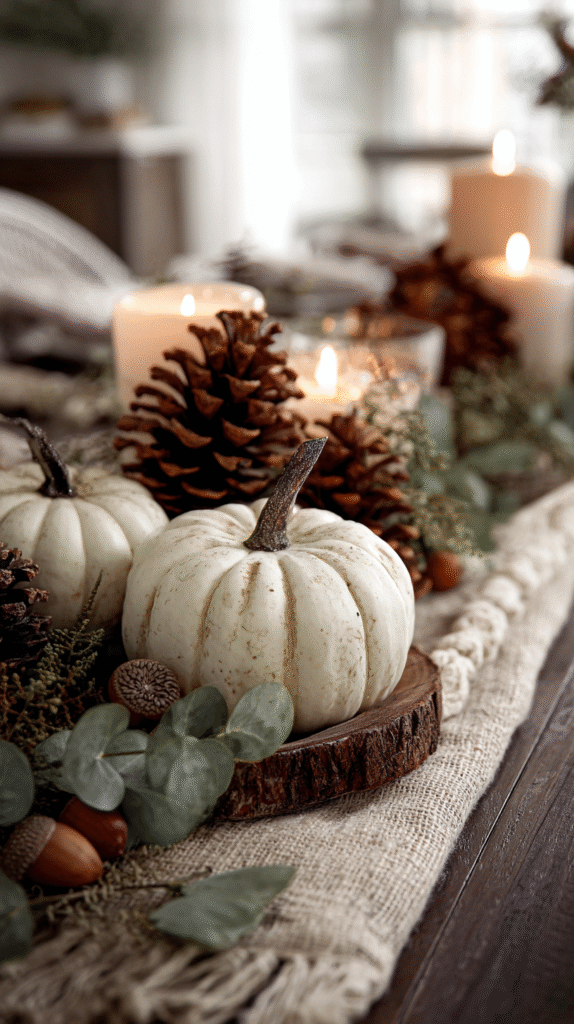 Close-up of rustic Thanksgiving centerpiece with mini white pumpkins