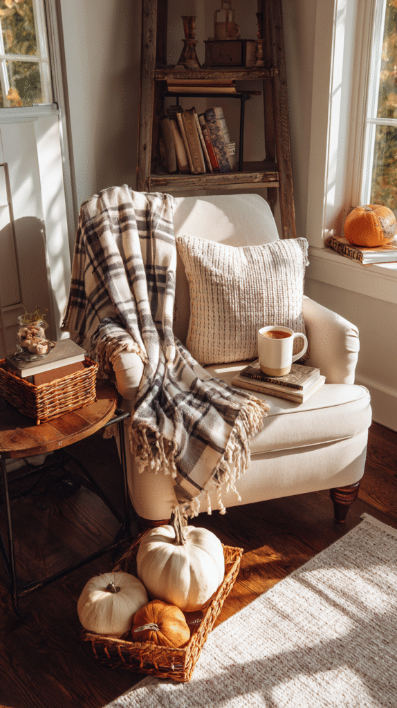 Cozy reading nook with plaid throw draped on chair