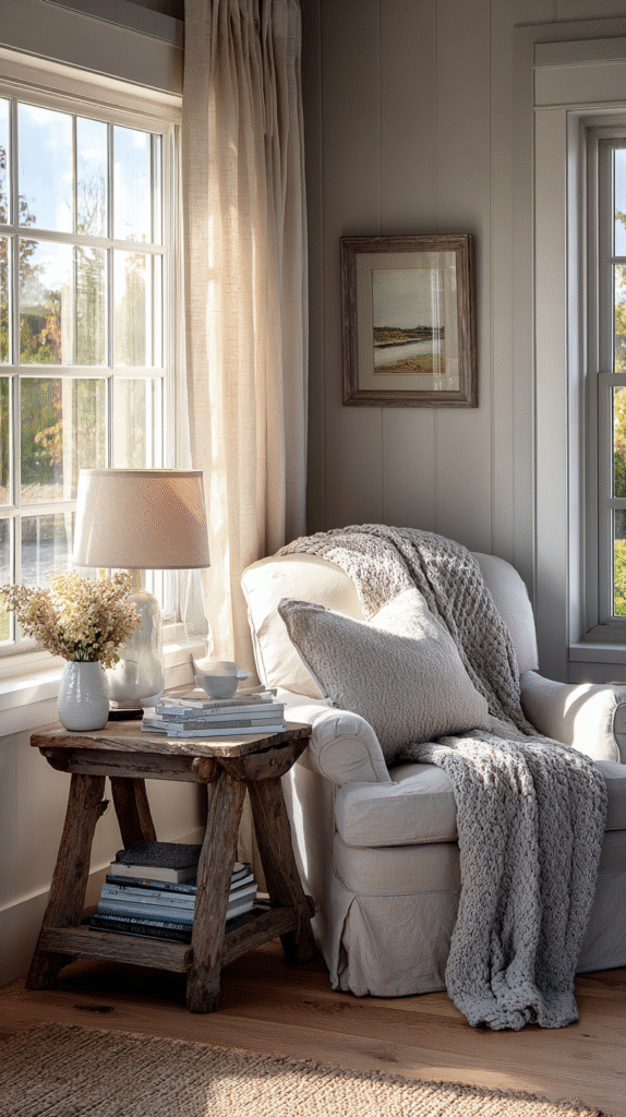 Farmhouse corner nook with slipcovered armchair