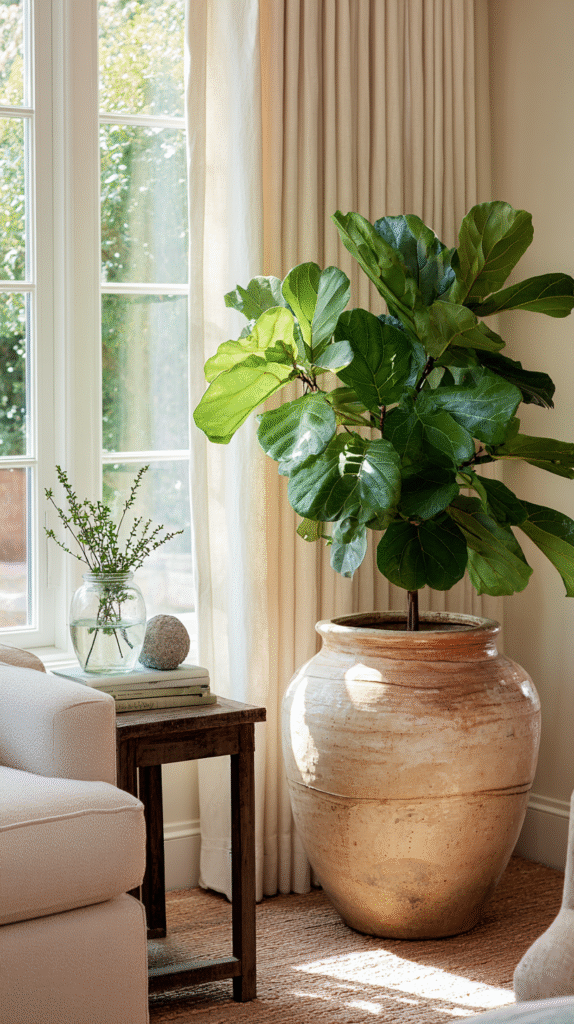 Farmhouse living room corner with large fiddle leaf fig in terracotta pot