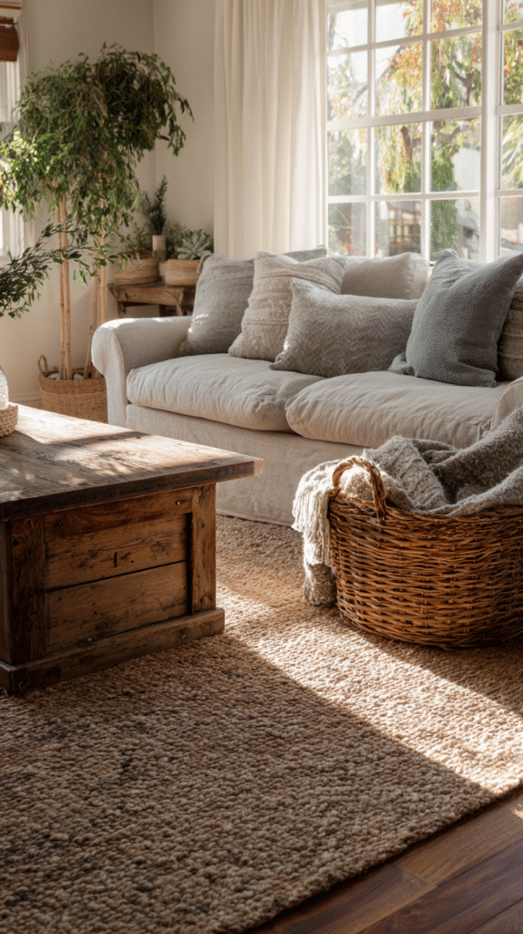 Farmhouse living room floor styled with a large natural jute rug as the base