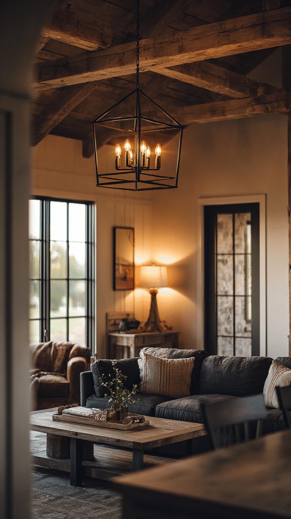 Farmhouse living room with a black iron chandelier overhead, brass floor lamp near sofa, simple table lamps on reclaimed wood side tables, warm evening light creating soft glow