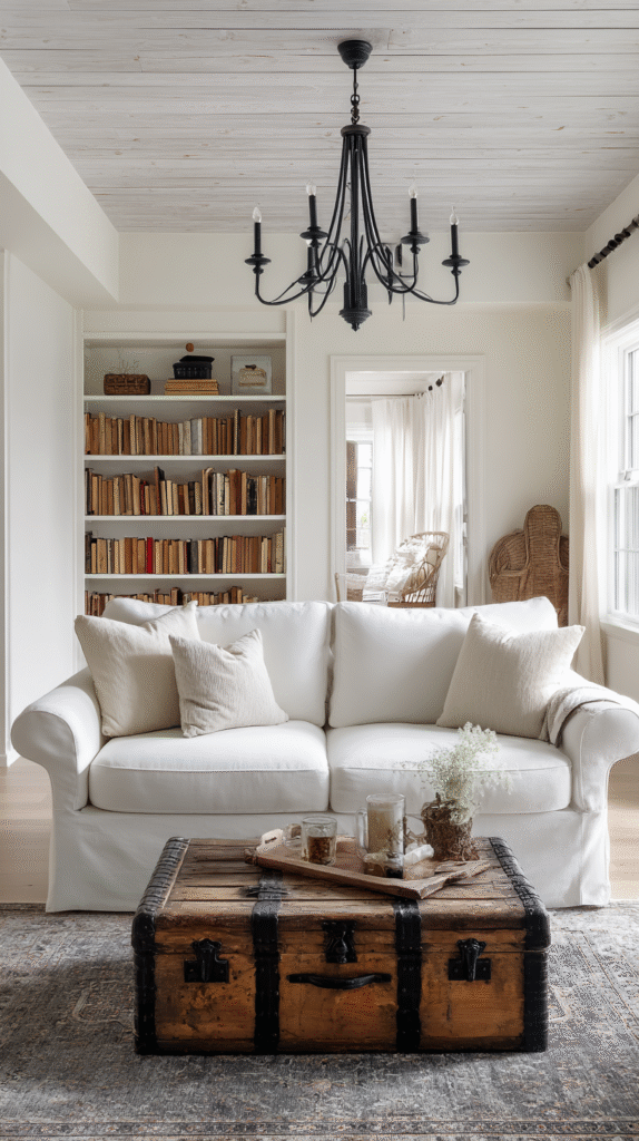 Farmhouse living room with clean white sofa paired with an antique trunk as coffee table