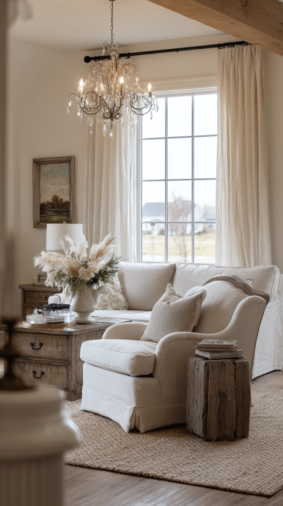 Farmhouse living room with curvy French country armchair, soft linen curtains, delicate chandelier