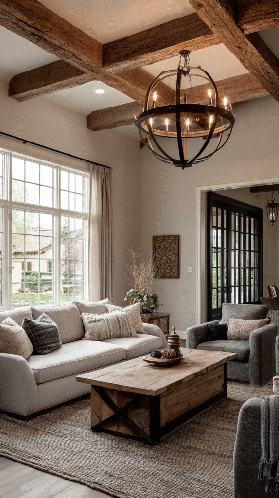 Farmhouse living room with dramatic wagon-wheel chandelier
