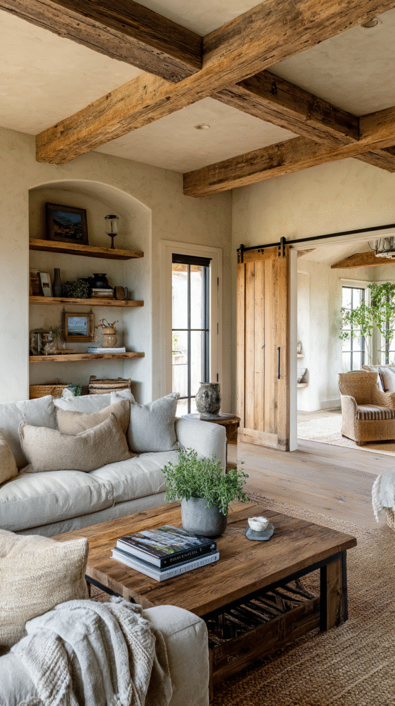 Farmhouse living room with exposed wooden ceiling beams