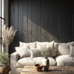 Farmhouse living room with one feature wall in vertical dark shiplap