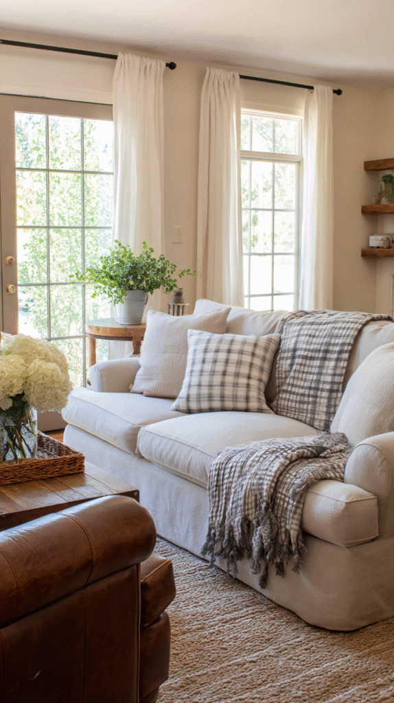 Farmhouse living room with oversized slipcovered sofa in neutral linen