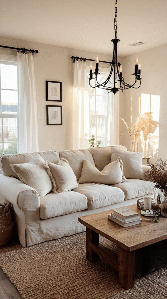 Farmhouse living room with soft beige sofa and neutral walls, matte black curtain rods framing white linen curtains, black iron chandelier overhead, simple black picture frames on the wall