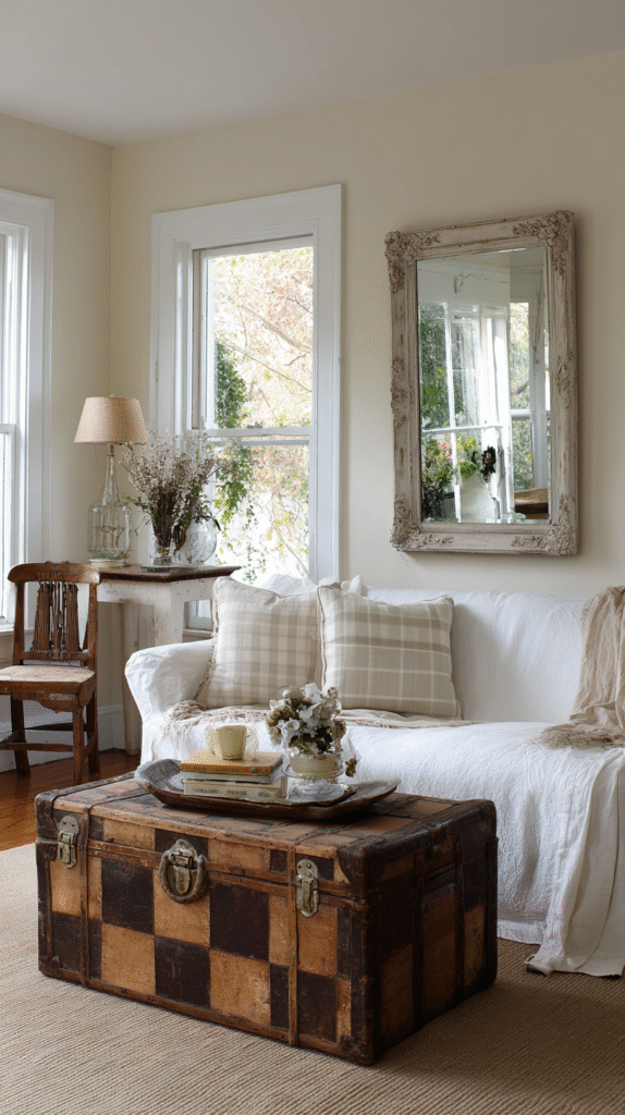 Farmhouse living room with vintage trunk coffee table, thrifted side chair, antique mirror on wall