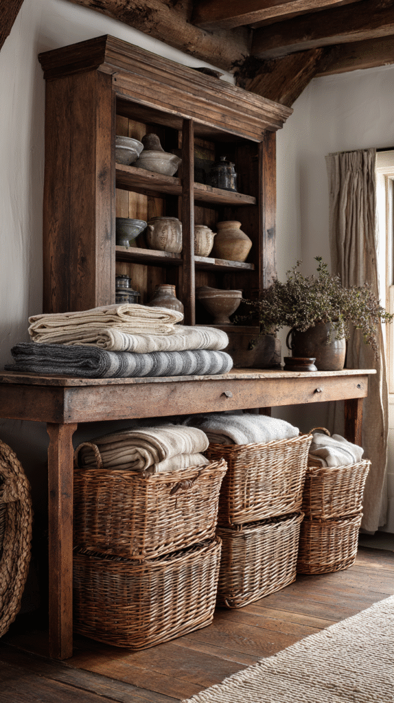 Farmhouse living room with wicker baskets stacked neatly under console table