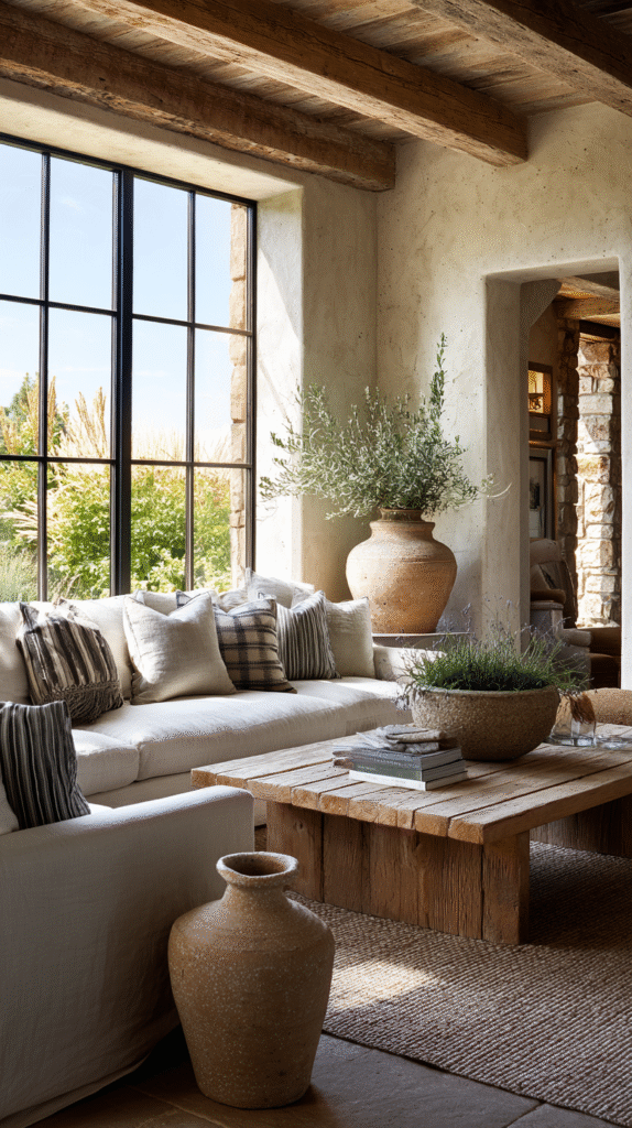 Farmhouse living room with wide uncovered windows letting in natural light, simple neutral decor, natural textures like wood, stone, and linen, casual sun-soaked setting.