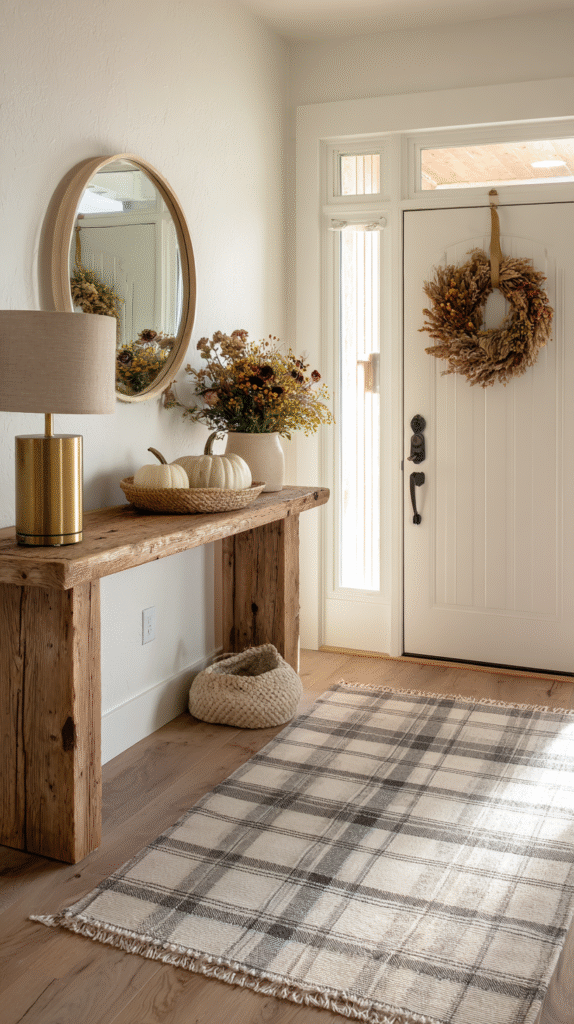 Front entry with a rustic wooden console table, round brass lamp, simple autumn wreath on the door