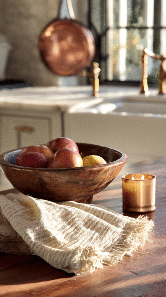 Kitchen island with wooden bowl of apples