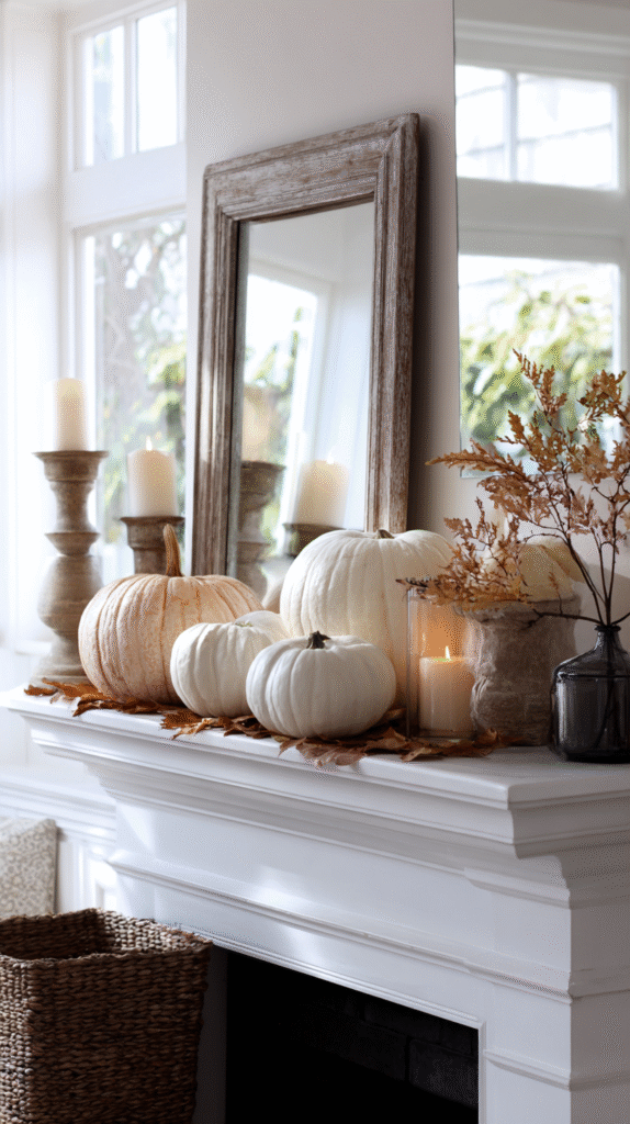 Living room mantel with layered pumpkins, dried leaves tucked between candleholders