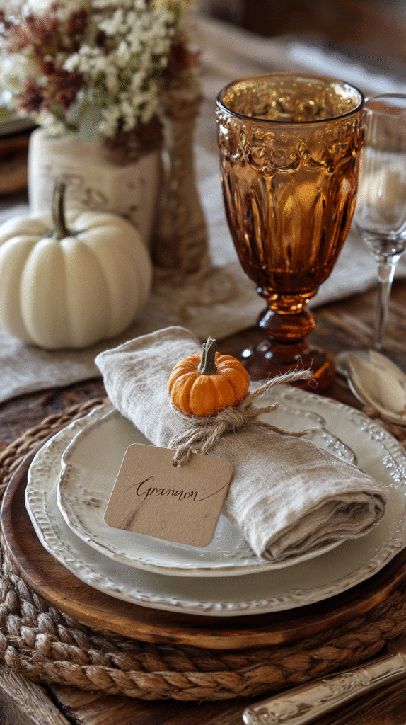 Rustic Thanksgiving place setting with mismatched vintage