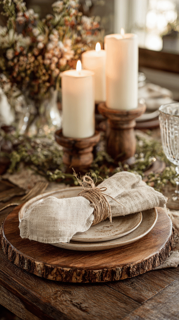 Rustic Thanksgiving place setting with wooden charger plate