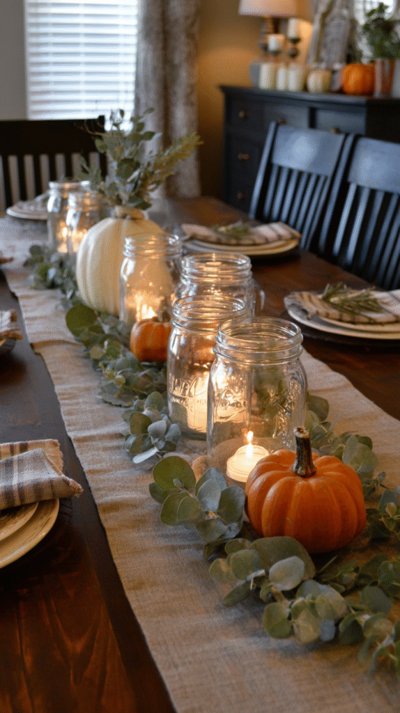 Rustic Thanksgiving table centerpiece, row of mason jars with tea lights