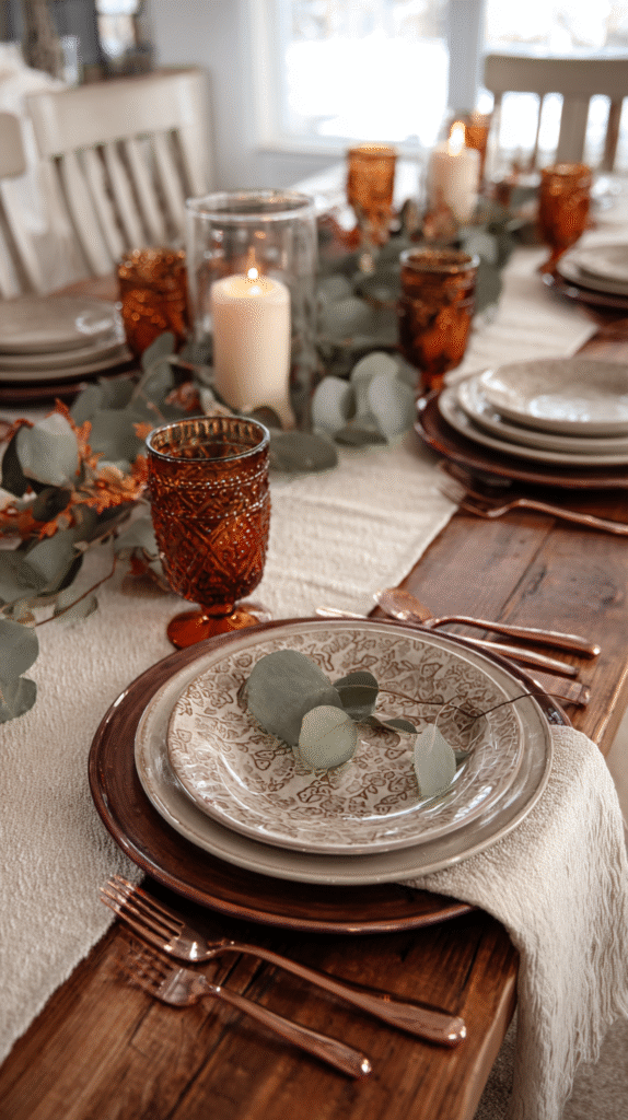 Rustic Thanksgiving table with neutral cream linens