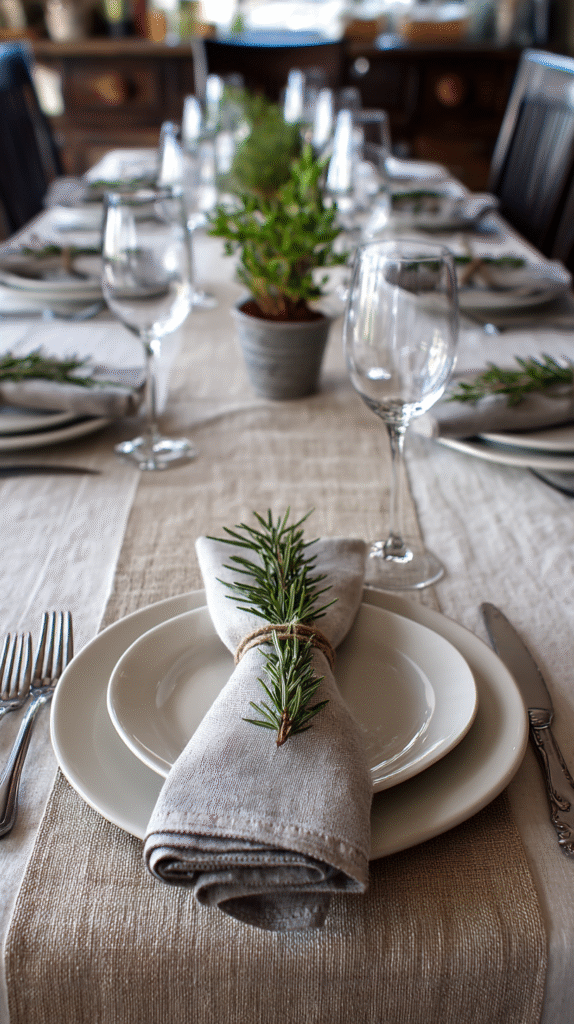 Thanksgiving dining table with soft linen tablecloth