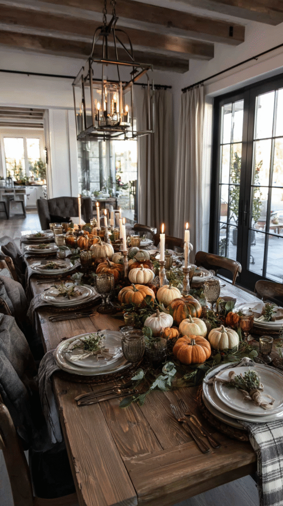 Thanksgiving table styled rustic with pumpkins and candles