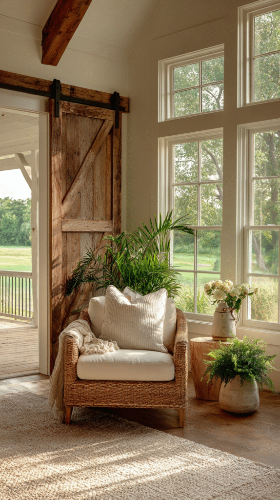 Farmhouse living room with sliding barn doors slightly open to a green backyard, wide windows letting in sunlight