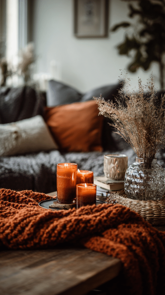 fall palette, rust throw, amber candles, natural textures