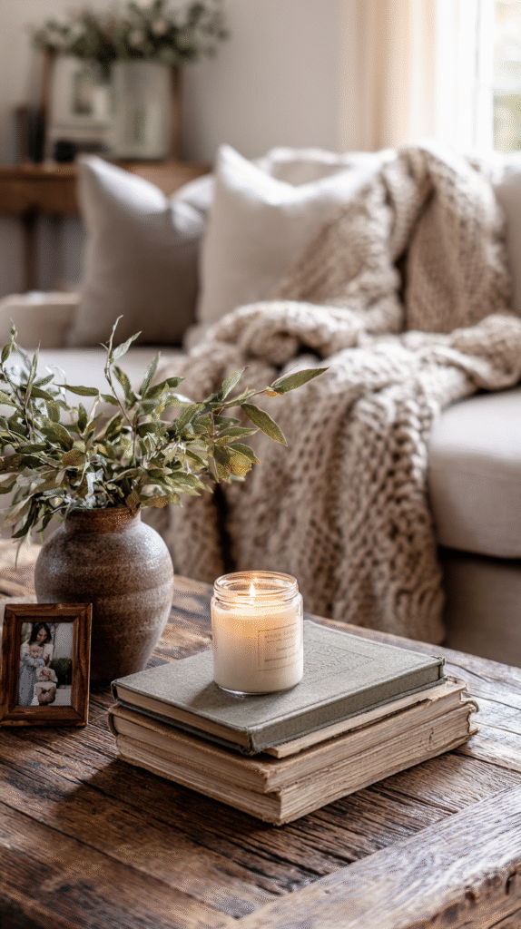 farmhouse coffee table with vintage books stacked, small pottery vase with greenery, candle burning softly