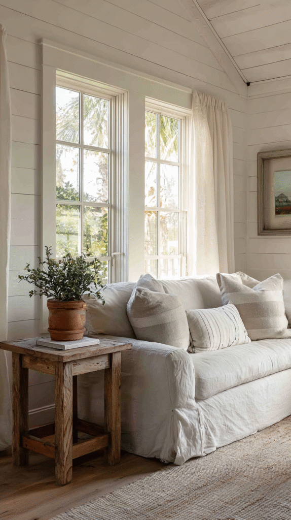 farmhouse living room corner with white painted shiplap wall