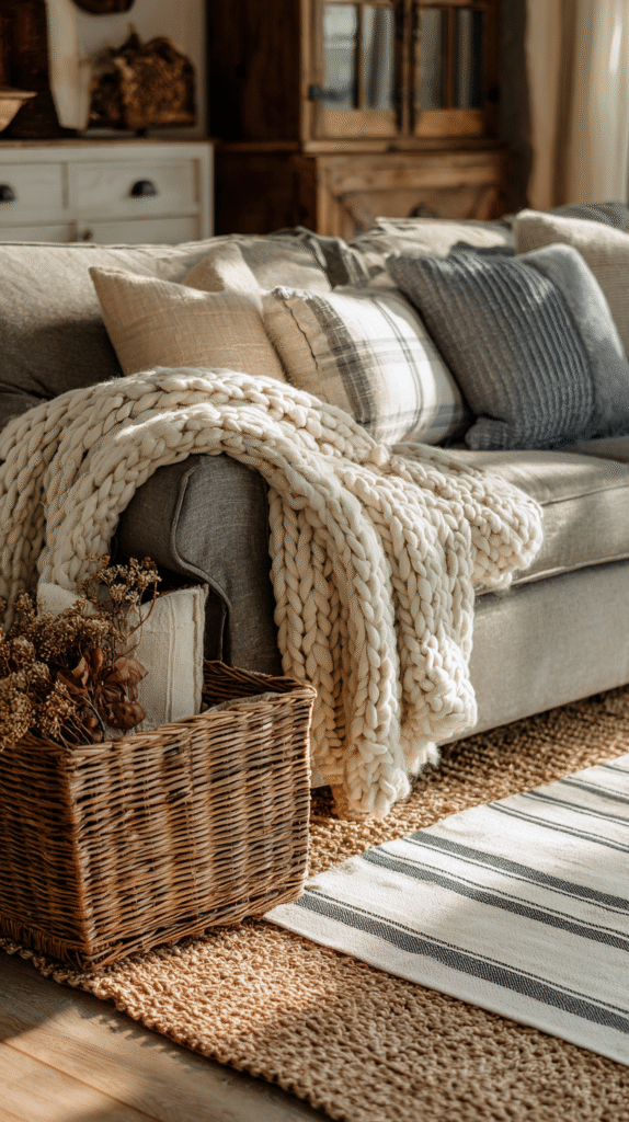 farmhouse living room with chunky knit blanket over sofa
