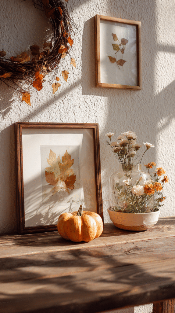framed pressed leaves on wall, small pumpkin planter with plant inside, dried flower wreath leaning nearby