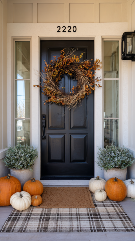 front door close-up, grapevine wreath with wheat and eucalyptus, garland framing door, new matte black house numbers, layered plaid rug under a coir doormat