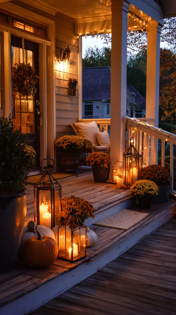 front porch glowing at dusk, lantern cluster with battery candles, string lights along railing