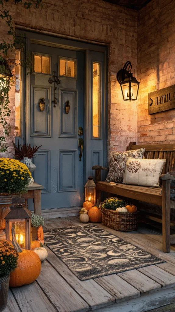 front porch with quirky moon-phase doormat, brass acorn door knocker, wooden family name sign leaning by pumpkins, lantern nearby, approachable and personalized
