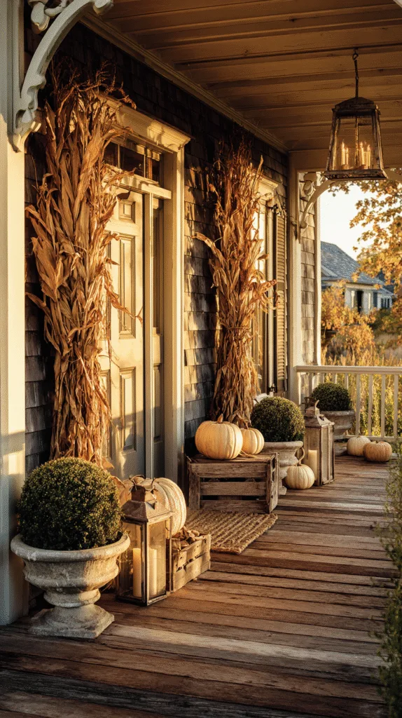 front porch with tall cornstalks tied to posts