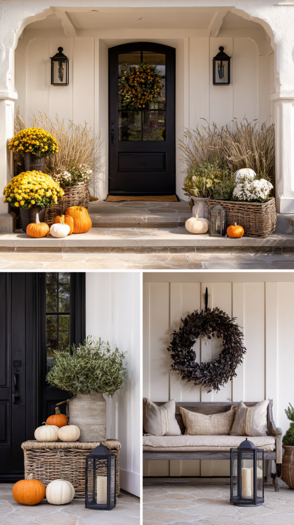 three small front porch vignettes side by side, one with bright harvest colors (orange pumpkins, yellow mums)