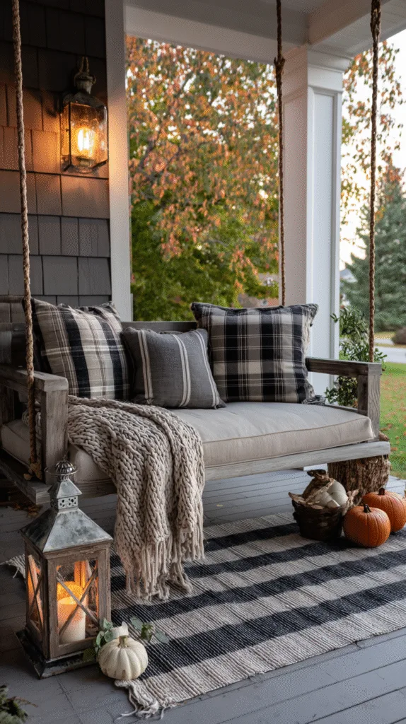 porch swing with plaid pillows and chunky knit throw, layered outdoor rug under a doormat