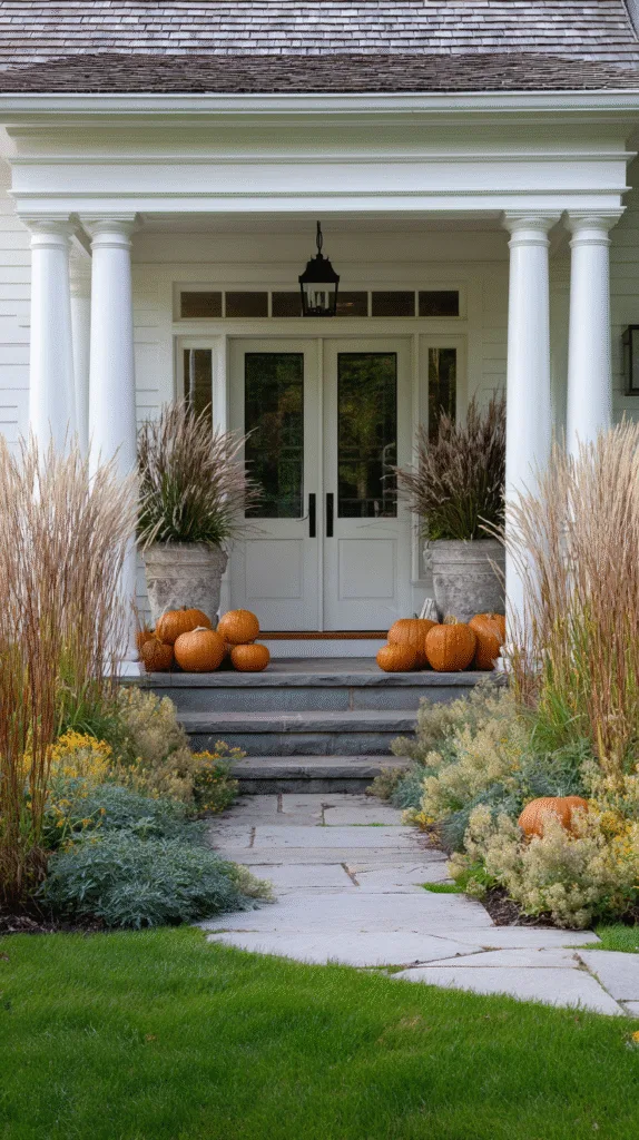 porch view showing symmetrical doorway with two urns, pumpkins clustered on one side, grasses on the other
