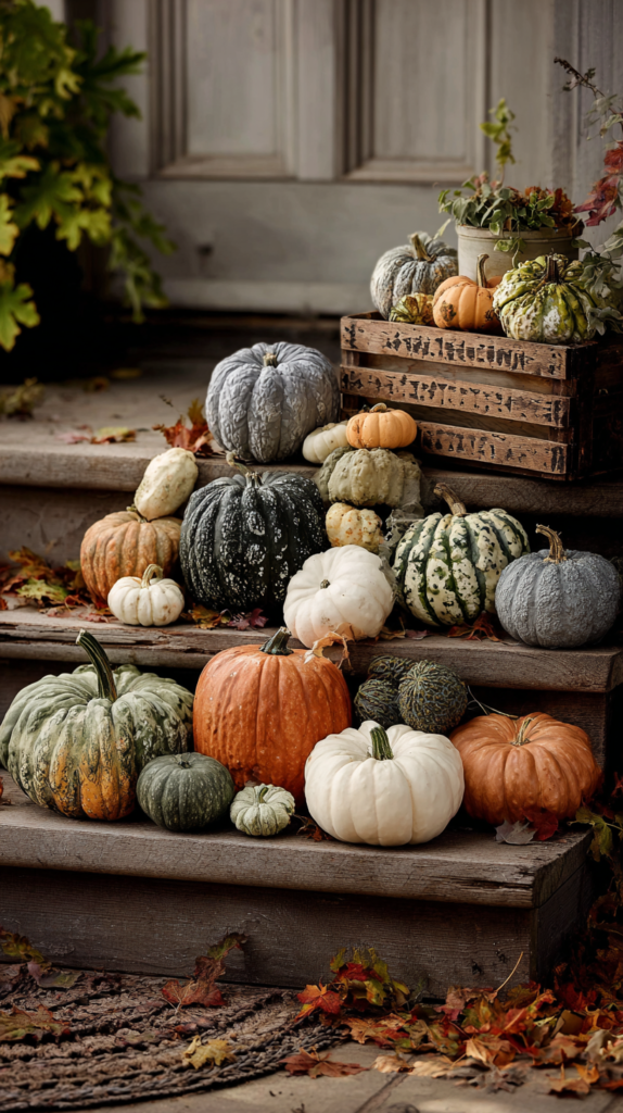 pumpkin cluster on porch steps, heirloom varieties in white, orange, green, and gray, flat-top Cinderella pumpkins stacked