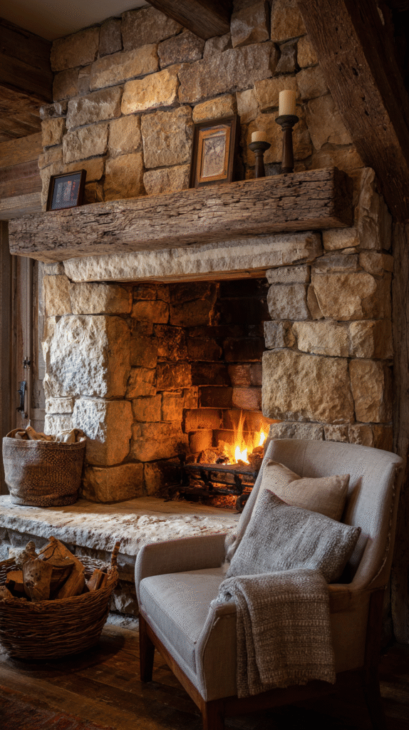 rustic stone fireplace, reclaimed wood mantel and simple decor like candlesticks and a small framed photo