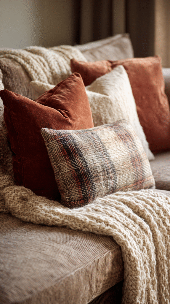 sofa corner with layered fall pillows,