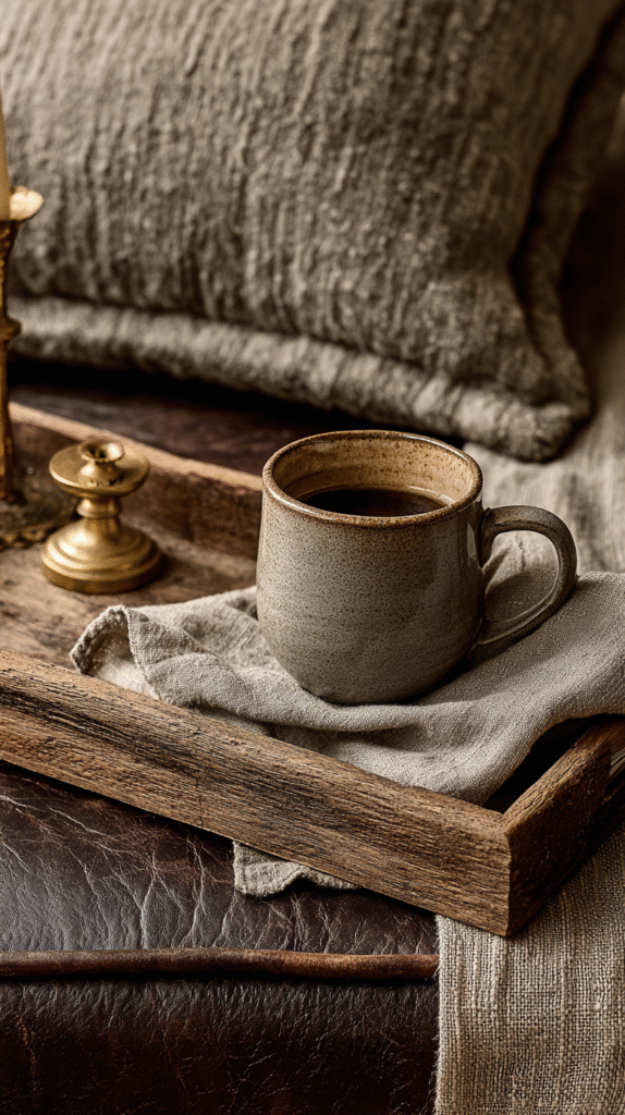wooden tray with ceramic mug, wool pillow, brass candlestick, leather ottoman