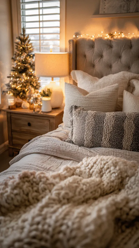 Add small touches like fairy lights and a tabletop tree to make your bedroom feel warm and restful this Christmas.