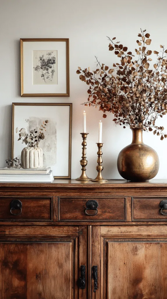 Coffee table vignette with small pumpkins,
