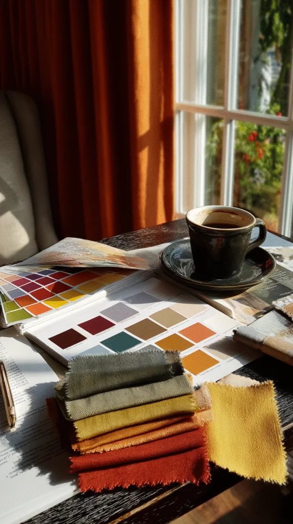 Dining table near window with fall color palette swatches