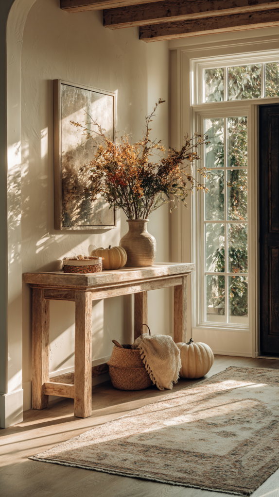 Entryway with a wooden console table, vase of fall branches