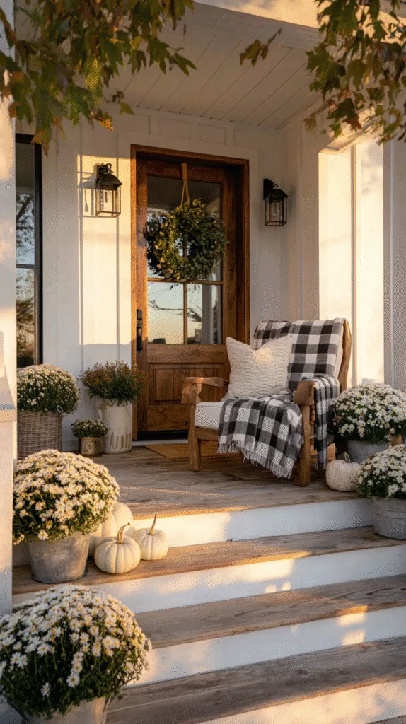 Front porch at golden hour with simple fall wreath