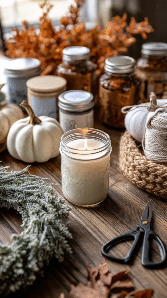 Kitchen counter with mason jar candles, painted mini pumpkins