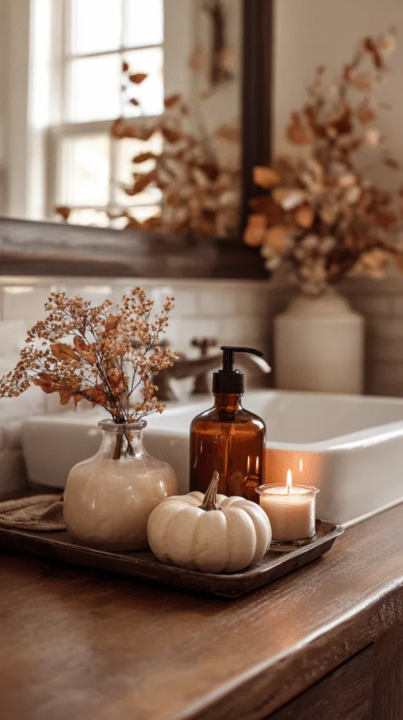 bathroom vanity close-up, amber glass soap dispenser, mini pumpkins, small candle
